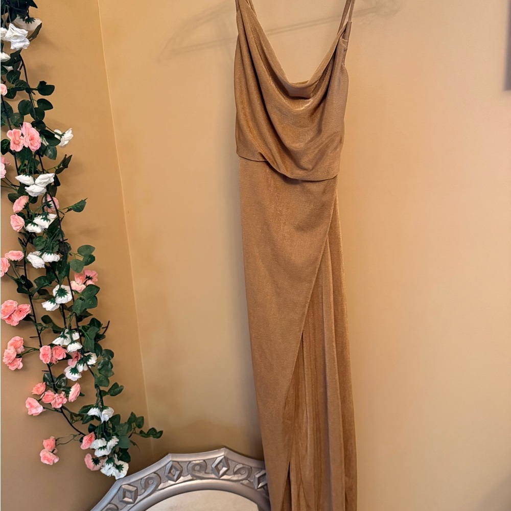 Tan jersey fabric pencil skirt with straps size Medium